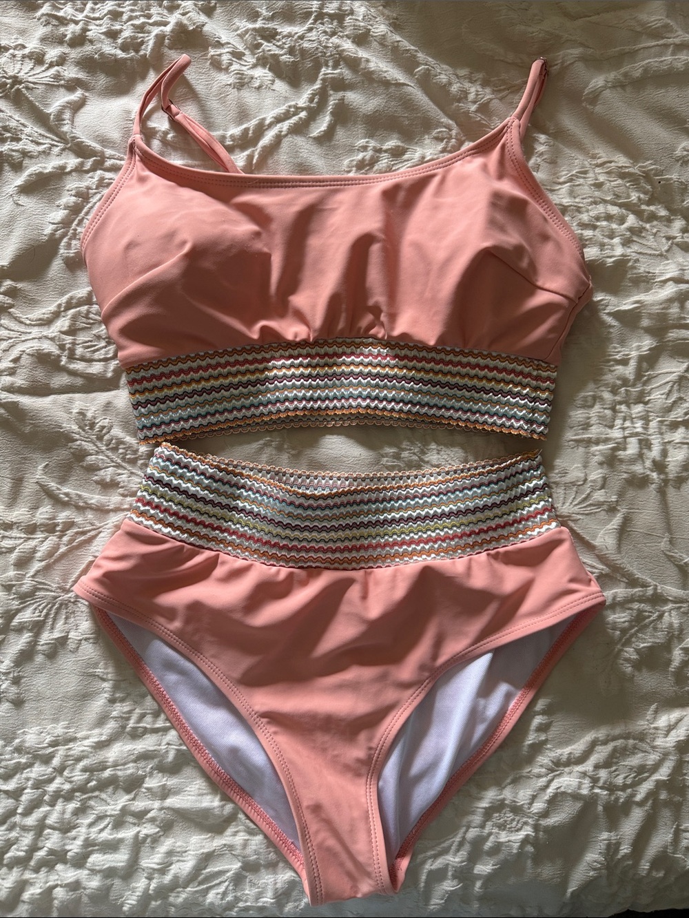 Peach Two-Piece Bikini with Zigzag Elastic Waistband